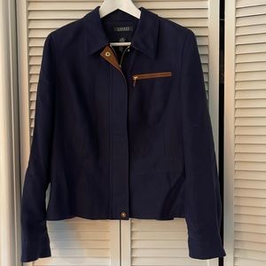 Lauren by Ralph Lauren navy linen jacket with saddle leather trim size 12
